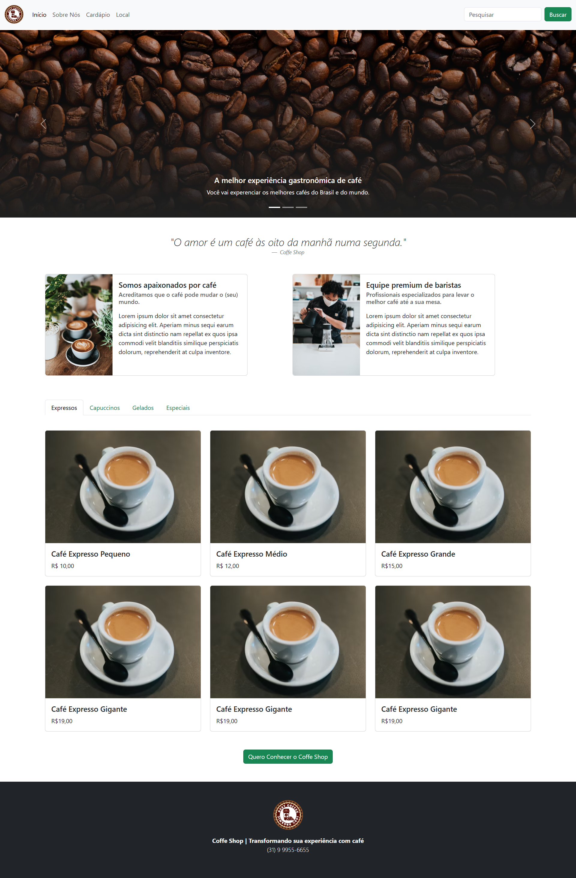 Página de vendas de café